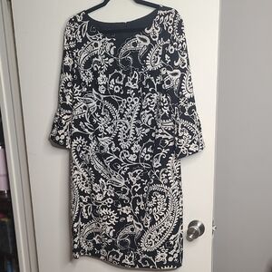 Talbots Black and White Paisley 3/4 Sleeve Dress